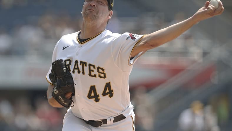 Jun 4, 2023; Pittsburgh, Pennsylvania, USA; Pittsburgh Pirates starting pitcher Rich Hill (44) throws a pitch in the first inning against the St. Louis Cardinals at PNC Park. Mandatory Credit: Charles LeClaire-USA TODAY Sports