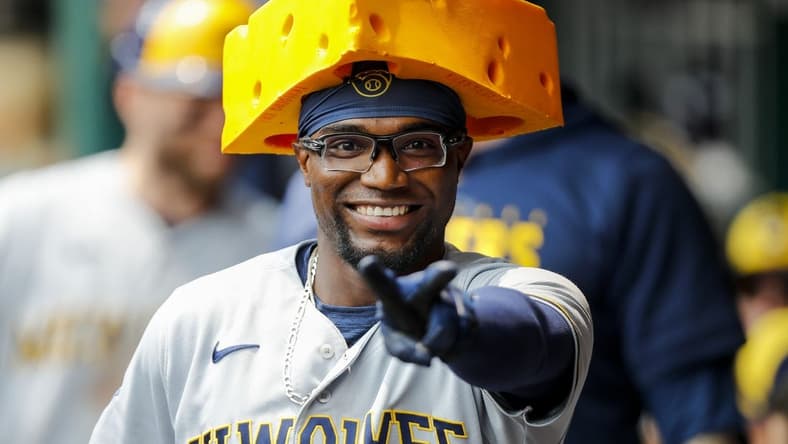 Jun 4, 2023; Cincinnati, Ohio, USA; Milwaukee Brewers second baseman Andruw Monasterio (14) reacts after hitting a three-run home run in the first inning against the Cincinnati Reds at Great American Ball Park. Mandatory Credit: Katie Stratman-USA TODAY Sports