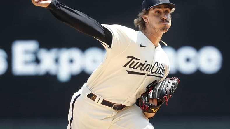 Jun 4, 2023; Minneapolis, Minnesota, USA; Minnesota Twins starting pitcher Joe Ryan (41) throws to the Cleveland Guardians in the first inning at Target Field. Mandatory Credit: Bruce Kluckhohn-USA TODAY Sports