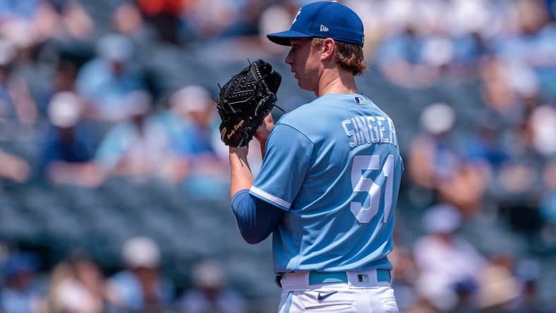 Jun 4, 2023; Kansas City, Missouri, USA; Kansas City Royals starting pitcher Brady Singer (51) on the mound during the first inning against the Colorado Rockies at Kauffman Stadium. Mandatory Credit: William Purnell-USA TODAY Sports