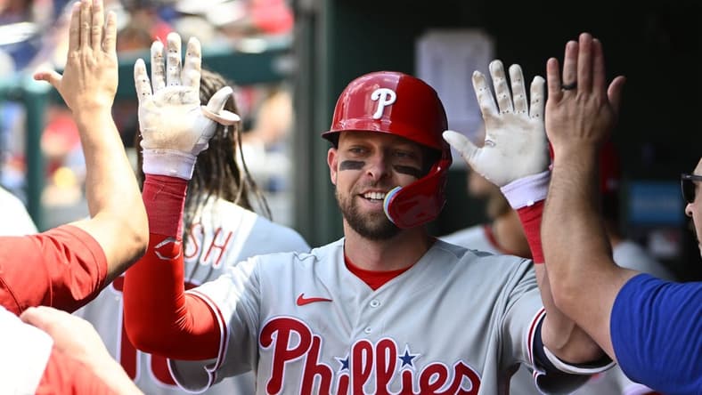 Jun 4, 2023; Washington, District of Columbia, USA; Philadelphia Phillies third baseman Drew Ellis (35) is congratulated by teammates after hitting as solo home run against the Washington Nationals during the fifth inning at Nationals Park. Mandatory Credit: Brad Mills-USA TODAY Sports