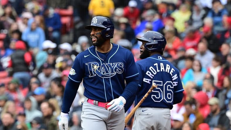 Jun 4, 2023; Boston, Massachusetts, USA; Tampa Bay Rays designated hitter Yandy Diaz (2) celebrates scoring on his RBI single after a throwing error by the Boston Red Sox during the sixth inning at Fenway Park. Mandatory Credit: Eric Canha-USA TODAY Sports