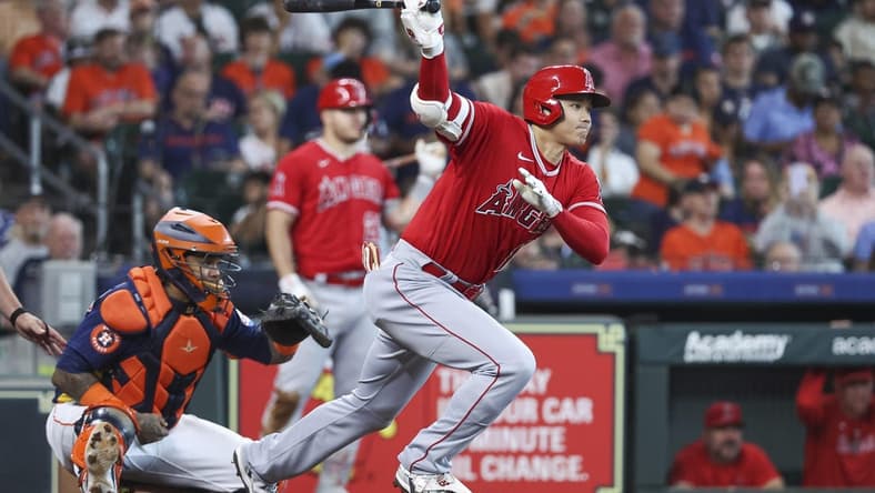 Jun 4, 2023; Houston, Texas, USA; Los Angeles Angels designated hitter Shohei Ohtani (17) bats during the sixth inning against the Houston Astros at Minute Maid Park. Mandatory Credit: Troy Taormina-USA TODAY Sports