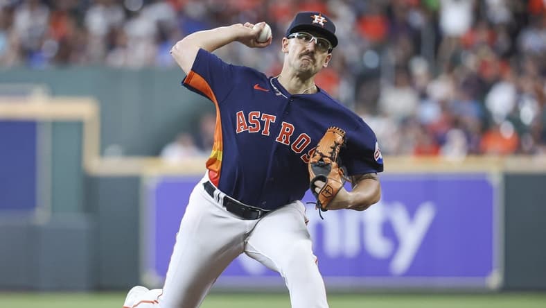 Jun 4, 2023; Houston, Texas, USA; Houston Astros starting pitcher J.P. France (68) delivers a pitch during the fourth inning against the Los Angeles Angels at Minute Maid Park. Mandatory Credit: Troy Taormina-USA TODAY Sports