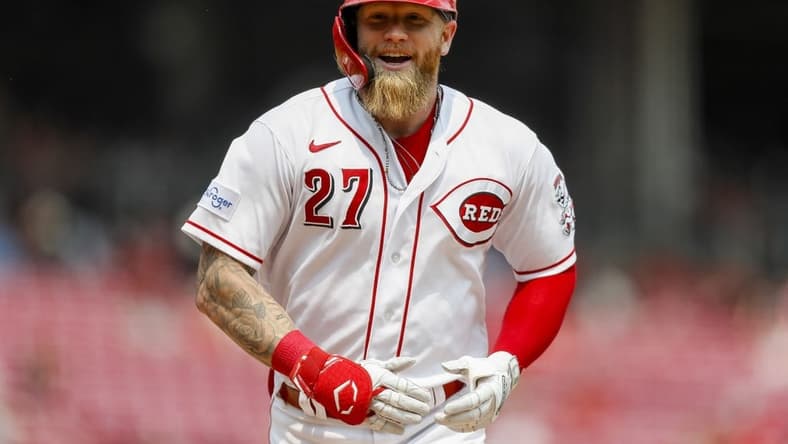 Jun 4, 2023; Cincinnati, Ohio, USA; Cincinnati Reds right fielder Jake Fraley (27) reacts after hitting a solo home run in the seventh inning against the Milwaukee Brewers at Great American Ball Park. Mandatory Credit: Katie Stratman-USA TODAY Sports