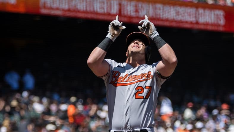 Jun 4, 2023; San Francisco, California, USA;  Baltimore Orioles catcher James McCann (27) celebrates after hitting a solo home run against the San Francisco Giants during the sixth inning at Oracle Park. Mandatory Credit: John Hefti-USA TODAY Sports