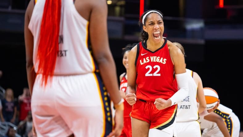 Jun 4, 2023; Indianapolis, Indiana, USA; Las Vegas Aces forward A'ja Wilson (22) celebrates the win against the Indiana Fever at Gainbridge Fieldhouse. Mandatory Credit: Trevor Ruszkowski-USA TODAY Sports