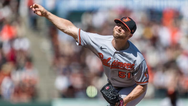 Jun 4, 2023; San Francisco, California, USA; Baltimore Orioles closing pitcher Austin Voth (51) throws against the San Francisco Giants during the ninth inning at Oracle Park. Mandatory Credit: John Hefti-USA TODAY Sports