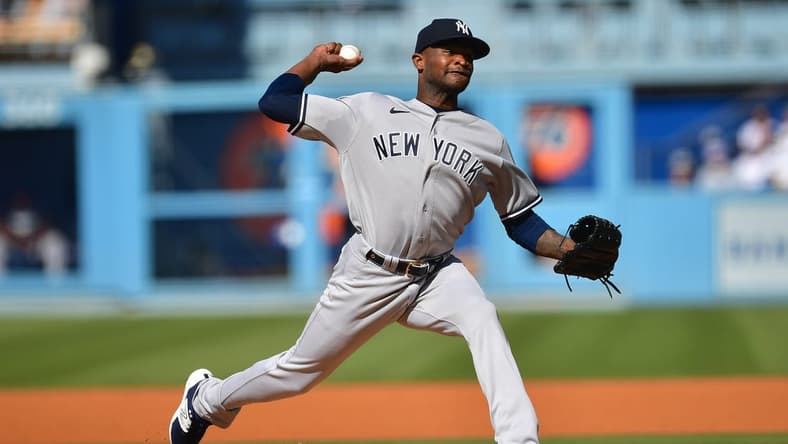 Jun 4, 2023; Los Angeles, California, USA; New York Yankees starting pitcher Domingo German (0) throws against the Los Angeles Dodgers during the second inning at Dodger Stadium. Mandatory Credit: Gary A. Vasquez-USA TODAY Sports
