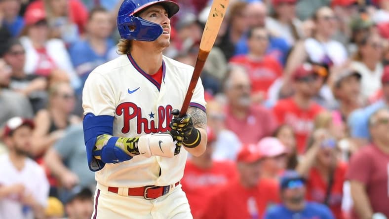 May 21, 2023; Philadelphia, Pennsylvania, USA; Philadelphia Phillies second baseman Bryson Stott (5) against the Chicago Cubs at Citizens Bank Park. Mandatory Credit: Eric Hartline-USA TODAY Sports
