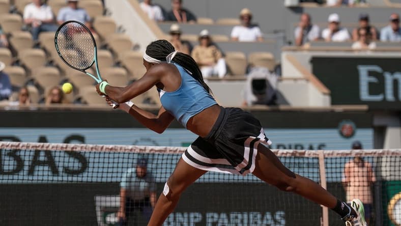 Jun 5 2023; Paris, France; Coco Gauff (USA) returns a shot against Anna Schmiedlova (SVK) on day nine at Stade Roland-Garros. Mandatory Credit: Susan Mullane-USA TODAY Sports