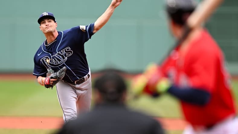 Jun 5, 2023; Boston, Massachusetts, USA; Tampa Bay Rays starting pitcher Shane McClanahan (18) pitches against the Boston Red Sox during the first inning at Fenway Park. Mandatory Credit: Brian Fluharty-USA TODAY Sports