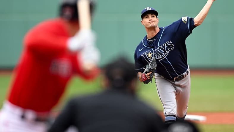 Jun 5, 2023; Boston, Massachusetts, USA; Tampa Bay Rays starting pitcher Shane McClanahan (18) pitches against the Boston Red Sox during the first inning at Fenway Park. Mandatory Credit: Brian Fluharty-USA TODAY Sports