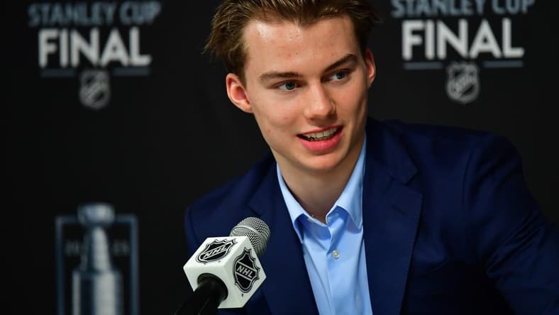 Jun 5, 2023; Las Vegas, Nevada, USA; NHL prospect Connor Bedard speaks to media before game two of the 2023 Stanley Cup Final at T-Mobile Arena. Mandatory Credit: Gary A. Vasquez-USA TODAY Sports