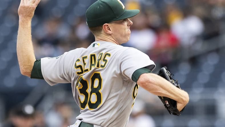 Jun 5, 2023; Pittsburgh, Pennsylvania, USA; Oakland Athletics starting pitcher JP Sears (38) pitches to the Pittsburgh Pirates during the first inning at PNC Park. Mandatory Credit: Scott Galvin-USA TODAY Sports
