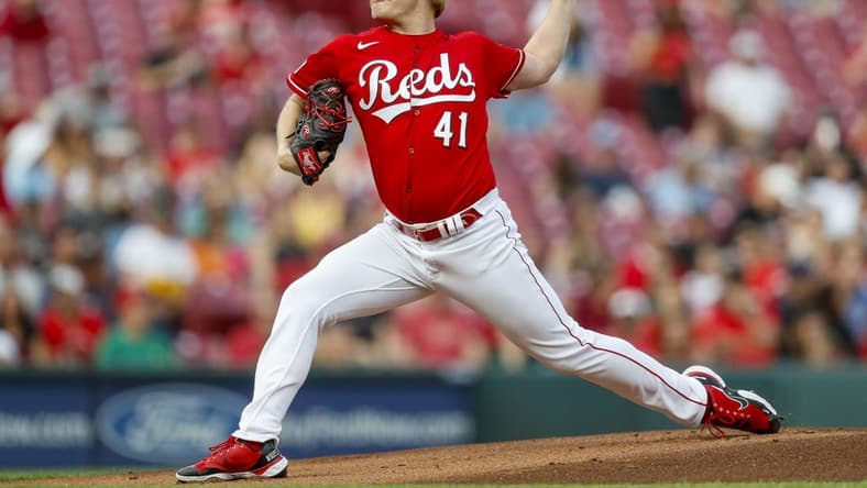 Jun 5, 2023; Cincinnati, Ohio, USA; Cincinnati Reds starting pitcher Andrew Abbott (41) pitches against the Milwaukee Brewers in the first inning at Great American Ball Park. Mandatory Credit: Katie Stratman-USA TODAY Sports