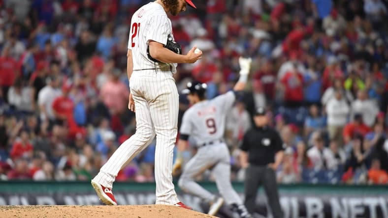 Jun 5, 2023; Philadelphia, Pennsylvania, USA; Philadelphia Phillies starting pitcher Aaron Nola (27) reacts after allowing home runto Detroit Tigers third baseman Nick Maton (9) during the seventh inning at Citizens Bank Park. Mandatory Credit: Eric Hartline-USA TODAY Sports