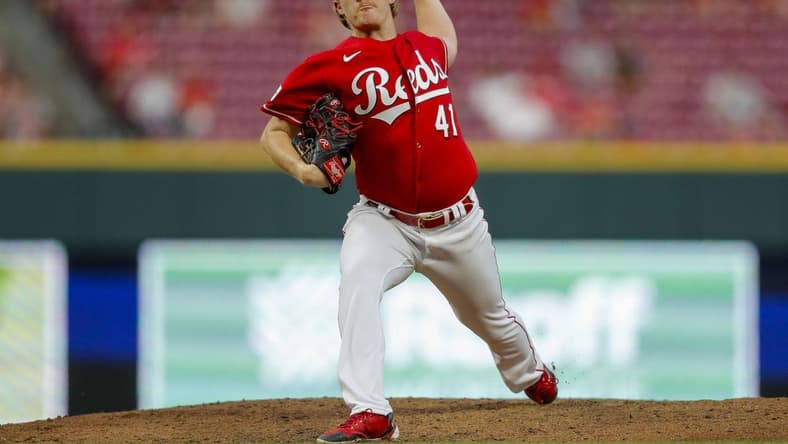 Jun 5, 2023; Cincinnati, Ohio, USA; Cincinnati Reds starting pitcher Andrew Abbott (41) pitches against the Milwaukee Brewers in the sixth inning at Great American Ball Park. Mandatory Credit: Katie Stratman-USA TODAY Sports