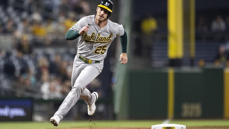 Jun 5, 2023; Pittsburgh, Pennsylvania, USA; Oakland Athletics designated hitter Brent Rooker (25) runs toward home plate to score during the eighth inning against the Pittsburgh Pirates at PNC Park. Mandatory Credit: Scott Galvin-USA TODAY Sports