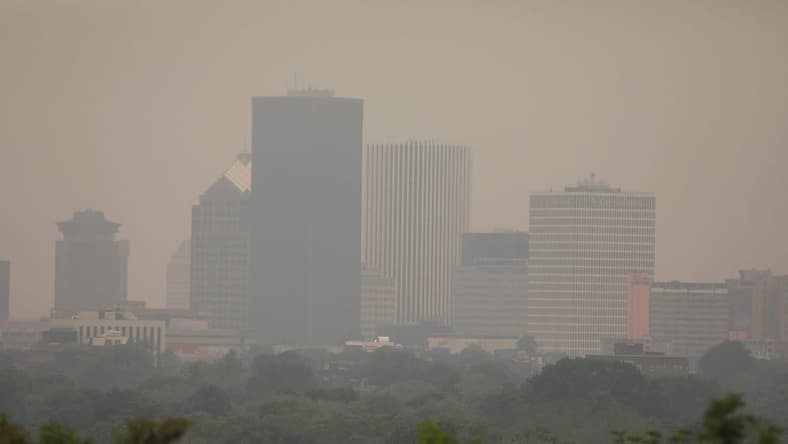 Smog from the wildfires in Canada have been making their way across the upper United States.  The smog obscures some of the Rochester skyline that is normally clearly scene at Cobb Hills Park.