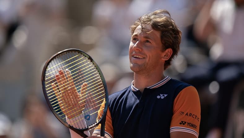 Jun 5 2023; Paris, France; Casper Ruud (NOR) celebrates after defeating Nicolas Jarry (CHI) on day nine at Stade Roland-Garros. Mandatory Credit: Susan Mullane-USA TODAY Sports