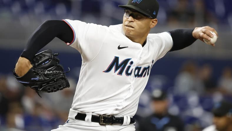 Jun 6, 2023; Miami, Florida, USA; Miami Marlins starting pitcher Jesus Luzardo (44) pitches against the Kansas City Royals during the first inning at loanDepot Park. Mandatory Credit: Rhona Wise-USA TODAY Sports