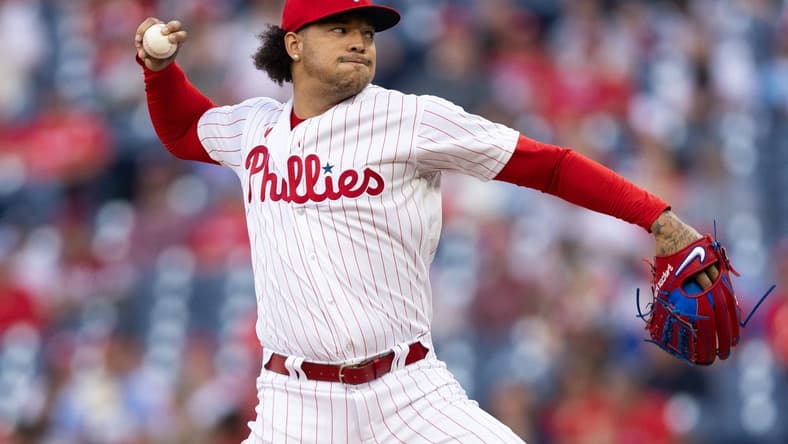 Jun 6, 2023; Philadelphia, Pennsylvania, USA; Philadelphia Phillies starting pitcher Taijuan Walker (99) throws a pitch during the first inning against the Detroit Tigers at Citizens Bank Park. Mandatory Credit: Bill Streicher-USA TODAY Sports