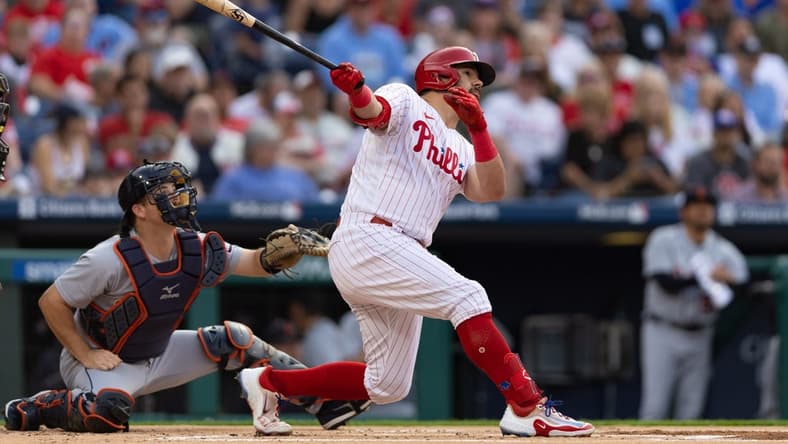 Jun 6, 2023; Philadelphia, Pennsylvania, USA; Philadelphia Phillies left fielder Kyle Schwarber (12) hits a solo home run during the first inning against the Detroit Tigers at Citizens Bank Park. Mandatory Credit: Bill Streicher-USA TODAY Sports