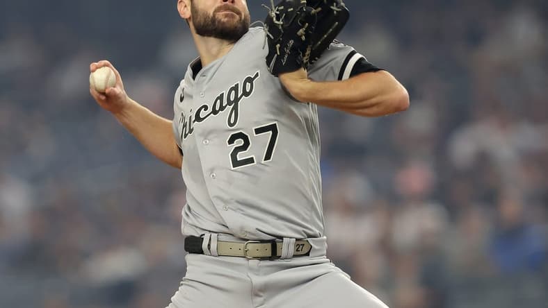 Jun 6, 2023; Bronx, New York, USA; Chicago White Sox starting pitcher Lucas Giolito (27) pitches against the New York Yankees during the first inning at Yankee Stadium. Mandatory Credit: Brad Penner-USA TODAY Sports