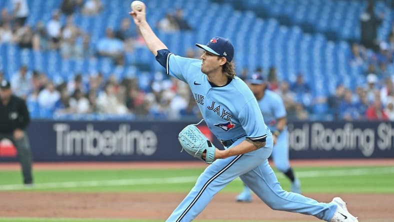 Jun 6, 2023; Toronto, Ontario, CAN; Toronto Blue Jays starting pitcher Kevin Gausman (34) pitches against the Houston Astros in the first inning at Rogers Centre. Mandatory Credit: Dan Hamilton-USA TODAY Sports