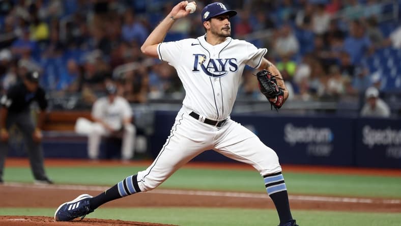 Jun 6, 2023; St. Petersburg, Florida, USA;  Tampa Bay Rays starting pitcher Zach Eflin (24) throws a pitch against the Minnesota Twins during the second inning at Tropicana Field. Mandatory Credit: Kim Klement-USA TODAY Sports