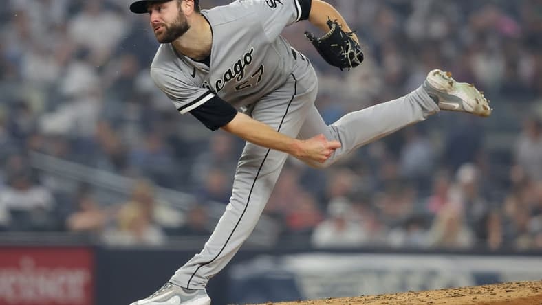 Jun 6, 2023; Bronx, New York, USA; Chicago White Sox starting pitcher Lucas Giolito (27) follows through on a pitch against the New York Yankees during the third inning at Yankee Stadium. Mandatory Credit: Brad Penner-USA TODAY Sports