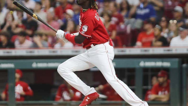 Jun 6, 2023; Cincinnati, Ohio, USA; Cincinnati Reds third baseman Elly De La Cruz reacts after hitting his first career hit for a double against the Los Angeles Dodgers during the third inning at Great American Ball Park. Mandatory Credit: David Kohl-USA TODAY Sports