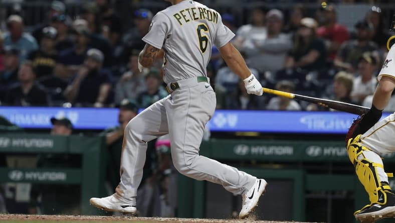 Jun 6, 2023; Pittsburgh, Pennsylvania, USA; Oakland Athletics second baseman Jace Peterson (6) reacts after hitting a two run home run against the Pittsburgh Pirates during the eighth inning at PNC Park. Mandatory Credit: Charles LeClaire-USA TODAY Sports