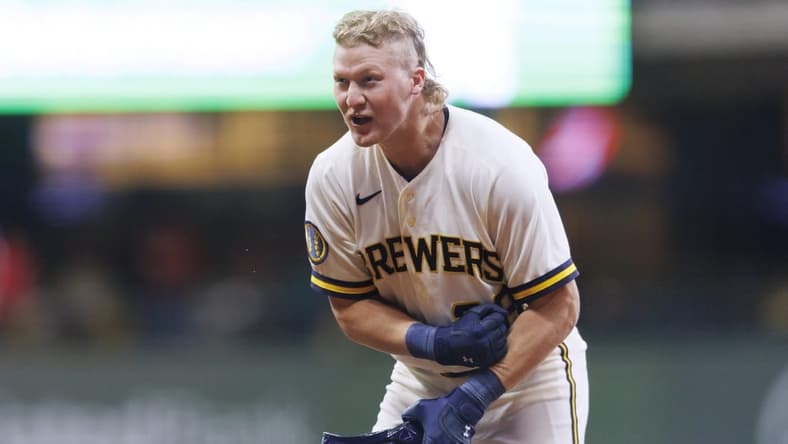 Jun 6, 2023; Milwaukee, Wisconsin, USA; Milwaukee Brewers center fielder Joey Wiemer (28) celebrates after driving in the game winning run during the tenth inning against the Baltimore Orioles at American Family Field. Mandatory Credit: Jeff Hanisch-USA TODAY Sports