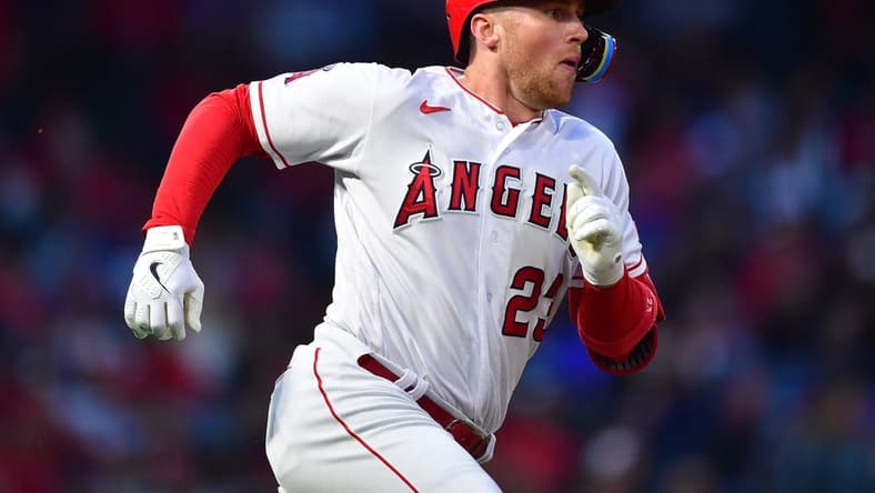 Jun 6, 2023; Anaheim, California, USA; Los Angeles Angels second baseman Brandon Drury (23) runs after hitting a double against the Chicago Cubs during the fifth inning at Angel Stadium. Mandatory Credit: Gary A. Vasquez-USA TODAY Sports