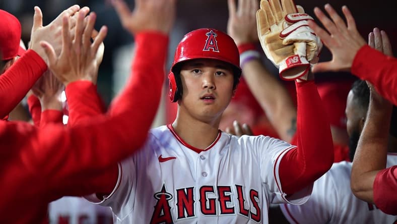 Jun 6, 2023; Anaheim, California, USA; Los Angeles Angels designated hitter Shohei Ohtani (17) is greeted after scoring a run against the Chicago Cubs during the fifth inning at Angel Stadium. Mandatory Credit: Gary A. Vasquez-USA TODAY Sports