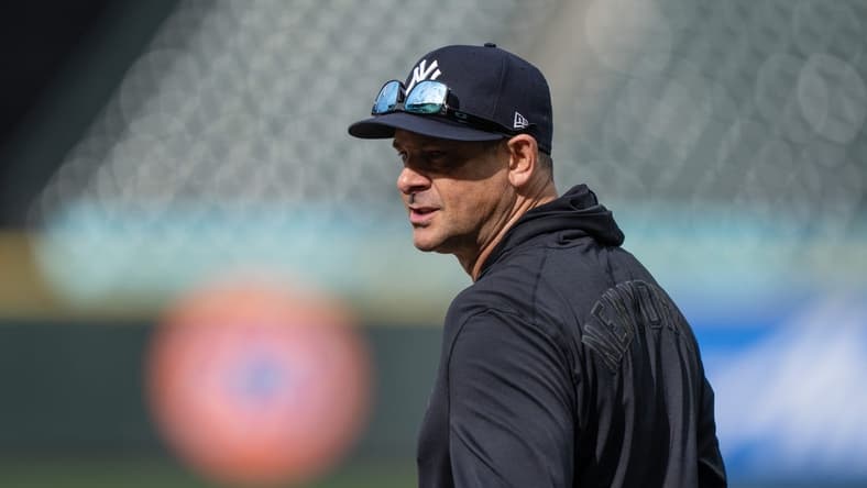 May 31, 2023; Seattle, Washington, USA; New York Yankees manager Aaron Boone is pictured during batting practice before a game against the Seattle Mariners at T-Mobile Park. Mandatory Credit: Stephen Brashear-USA TODAY Sports