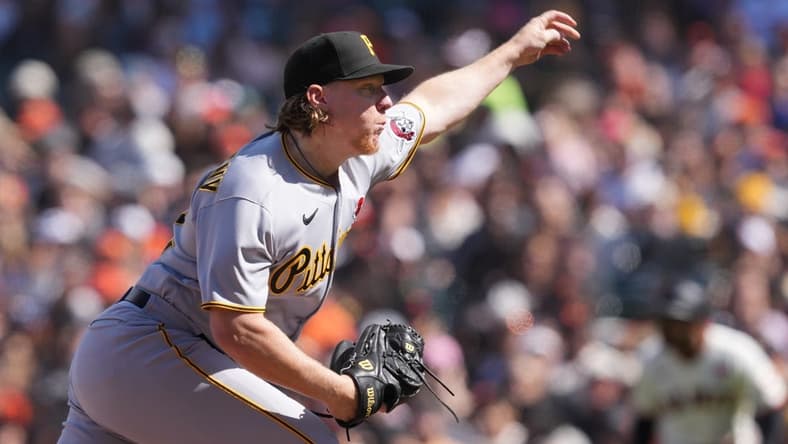 May 29, 2023; San Francisco, California, USA; Pittsburgh Pirates relief pitcher Rob Zastryzny (62) throws a pitch against the San Francisco Giants during the seventh inning at Oracle Park. Mandatory Credit: Darren Yamashita-USA TODAY Sports