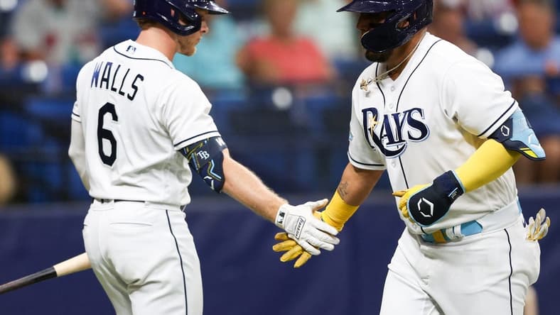 Jun 7, 2023; St. Petersburg, Florida, USA; Tampa Bay Rays second baseman Taylor Walls (6) congratulates third baseman Isaac Paredes (17) after hitting a solo home run against the Los Minnesota Twins in the second inning at Tropicana Field. Mandatory Credit: Nathan Ray Seebeck-USA TODAY Sports