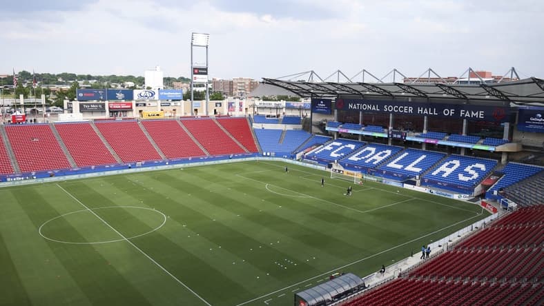 Jun 7, 2023; Frisco, Texas, USA;  General view of the pitch before the resumption of the match between FC Dallas and St. Louis City at Toyota Stadium. Mandatory Credit: Kevin Jairaj-USA TODAY Sports