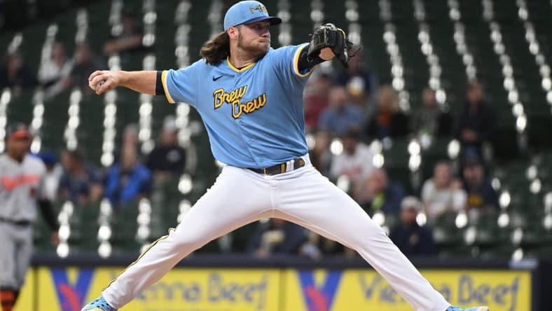 Jun 7, 2023; Milwaukee, Wisconsin, USA; Milwaukee Brewers starting pitcher Corbin Burnes (39) delivers a pitch against the Baltimore Orioles in the first inning at American Family Field. Mandatory Credit: Michael McLoone-USA TODAY Sports