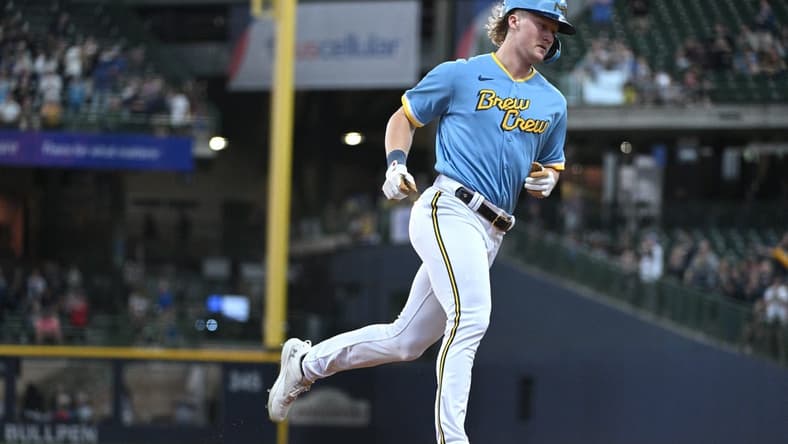 Jun 7, 2023; Milwaukee, Wisconsin, USA; Milwaukee Brewers center fielder Joey Wiemer (28) rounds the bases after hitting a home run against the Baltimore Orioles in the third inning at American Family Field. Mandatory Credit: Michael McLoone-USA TODAY Sports