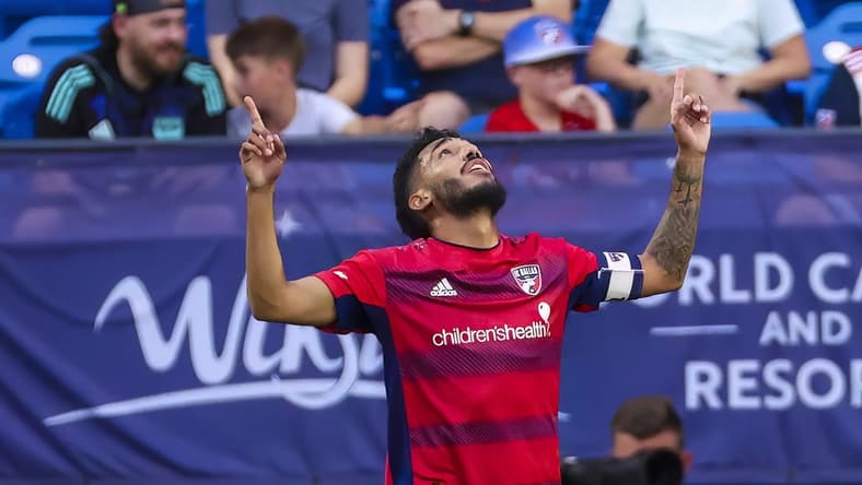 Jun 7, 2023; Frisco, Texas, USA; FC Dallas forward Jesus Ferreira (10) celebrates after scoring a goal during the second half against St. Louis City at Toyota Stadium. Mandatory Credit: Kevin Jairaj-USA TODAY Sports