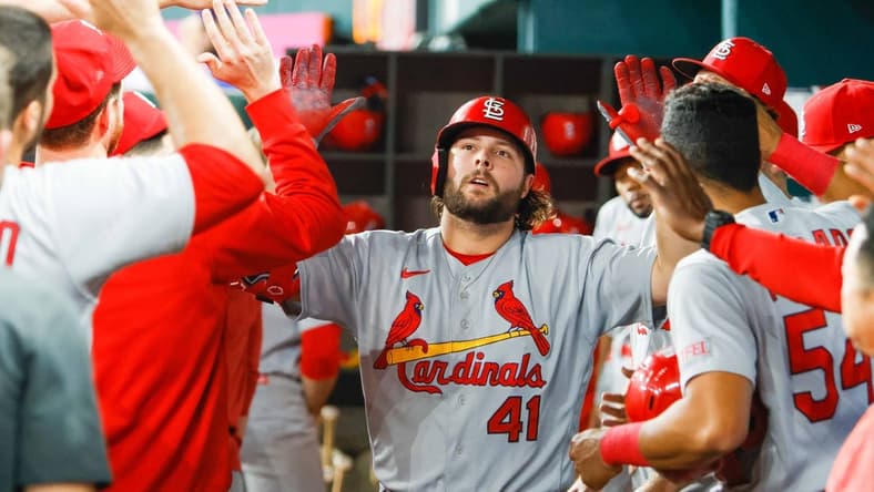 Jun 7, 2023; Arlington, Texas, USA; St. Louis Cardinals left fielder Alec Burleson (41) celebrates his go ahead home run during the eighth inning against the Texas Rangers at Globe Life Field. Mandatory Credit: Andrew Dieb-USA TODAY Sports
