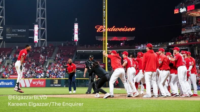 Cincinnati Reds left fielder Will Benson (30) is congratulated at home plate after hitting a walk-off, two-run home run in the ninth inning of a baseball game between the Los Angeles Dodgers and the Cincinnati Reds, Wednesday, June 7, 2023, at Great American Ball Park in Cincinnati.