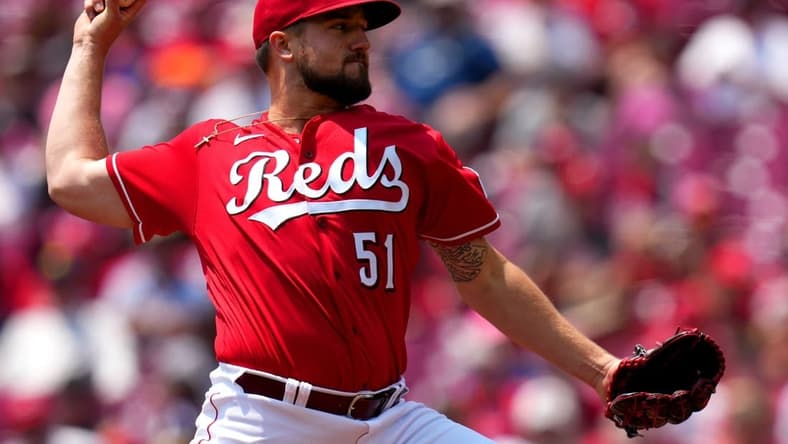 Jun 8, 2023; Cincinnati, Ohio, USA; Cincinnati Reds starting pitcher Graham Ashcraft (51) delivers in the first inning of against the Los Angeles Dodgers at Great American Ball Park. Mandatory Credit: Kareem Elgazzar-USA TODAY Sports