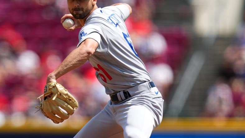 Jun 8, 2023; Cincinnati, Ohio, USA; Los Angeles Dodgers pitcher Tayler Scott (61) delivers in the ninth inning of a baseball game between against the Cincinnati Reds at Great American Ball Park. Mandatory Credit: Kareem Elgazzar-USA TODAY Sports
