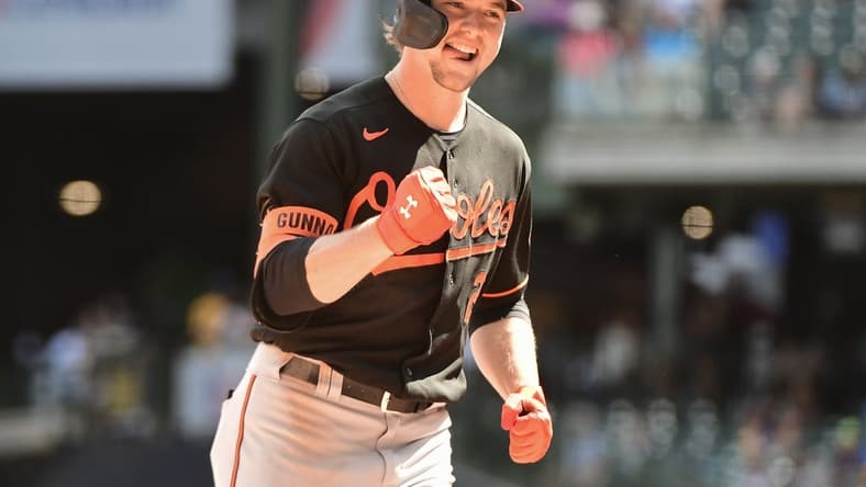Jun 8, 2023; Milwaukee, Wisconsin, USA; Baltimore Orioles shortstop Gunnar Henderson (2) reacts after hitting a 2-run home run against the Milwaukee Brewers in the eighth inning at American Family Field. Mandatory Credit: Benny Sieu-USA TODAY Sports