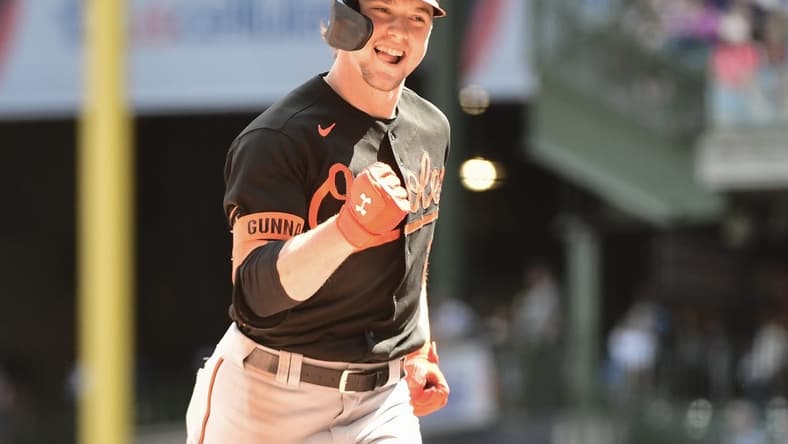 Jun 8, 2023; Milwaukee, Wisconsin, USA; Baltimore Orioles shortstop Gunnar Henderson (2) reacts after hitting a 2-run home run against the Milwaukee Brewers in the eighth inning at American Family Field. Mandatory Credit: Benny Sieu-USA TODAY Sports